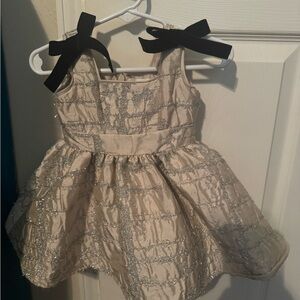 Chic Cream and Silver Kids Formal Dress with Black Bows